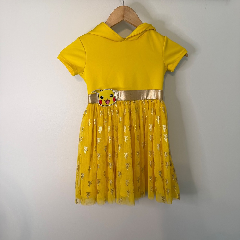 Pokemon Pikachu Girls Hooded Tulle Dress Yellow Gold Lightning Bolt Size 4/5 XS